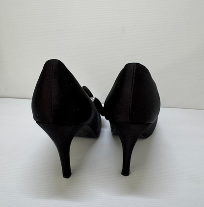 Verali  Diamante Bow Black Satin Heels Elegant Evening Shoes - Size 10