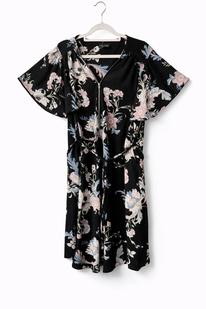 ✨ City Chic Zip Front Dress – Plus Size S 16 Black Floral | Belted | Pockets ✨