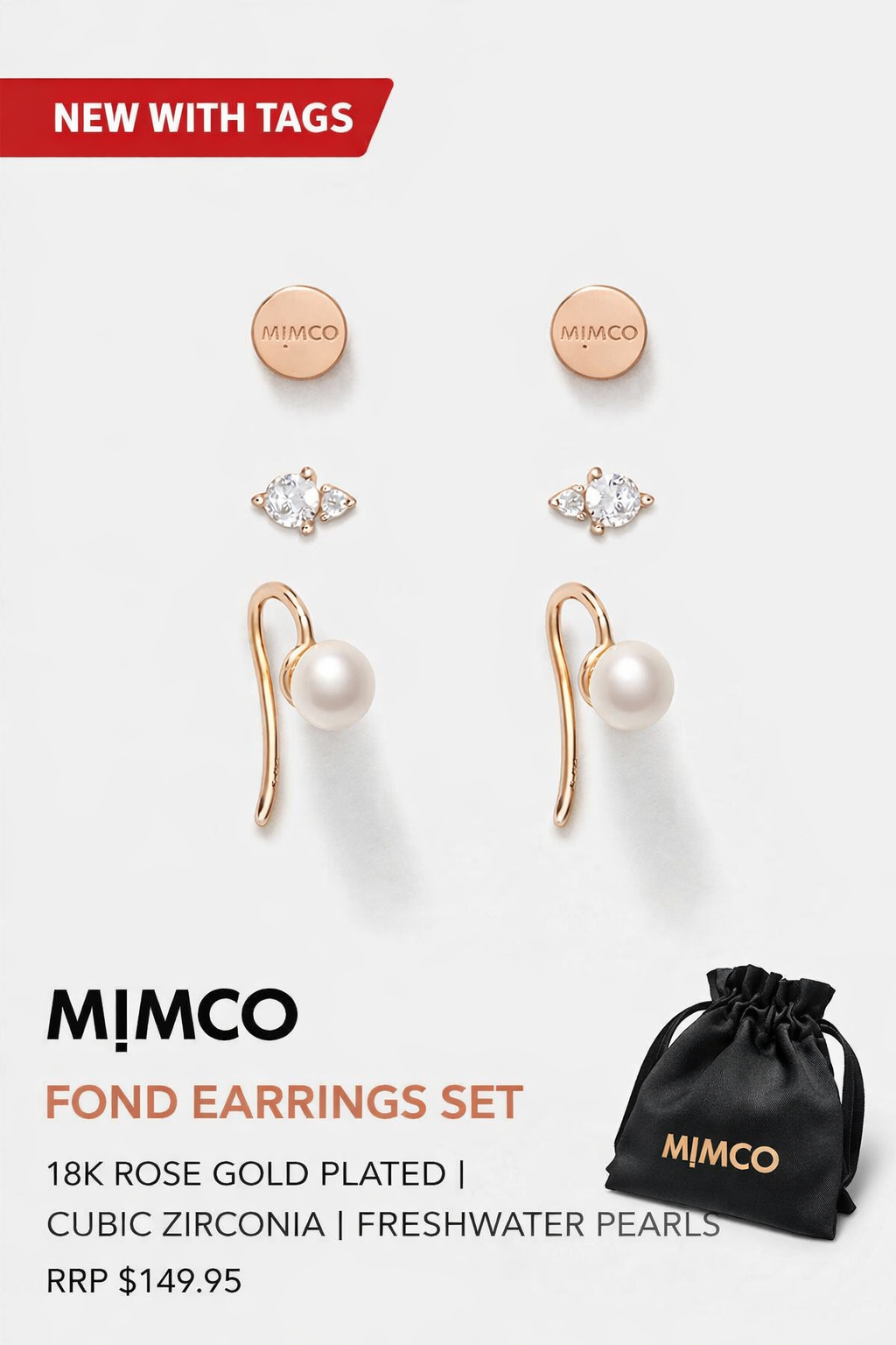 MIMCO Fond Earring Set RoseGold 14K Plated CZ Pearl 3 Pack NEW Dust Bag RRP $150