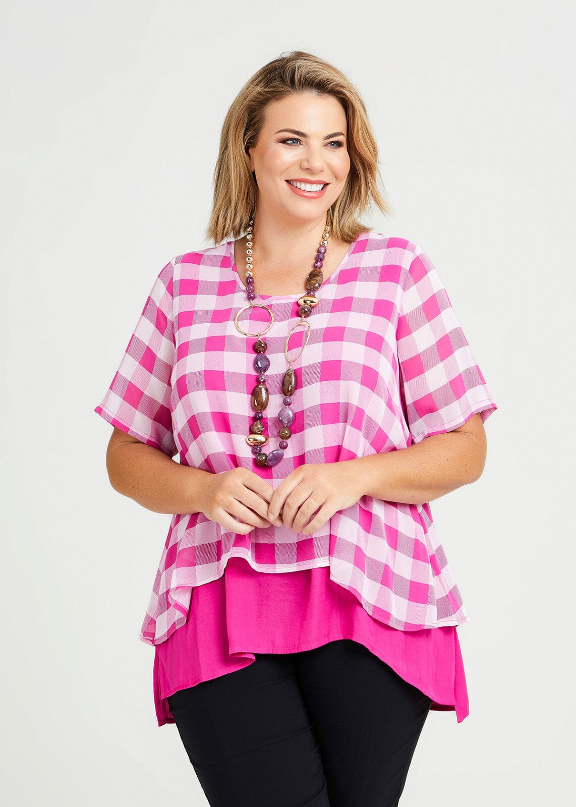 Taking Shape Pink & White Check Overlay Luxe Top Size 12 Plus BNWT RRP$169