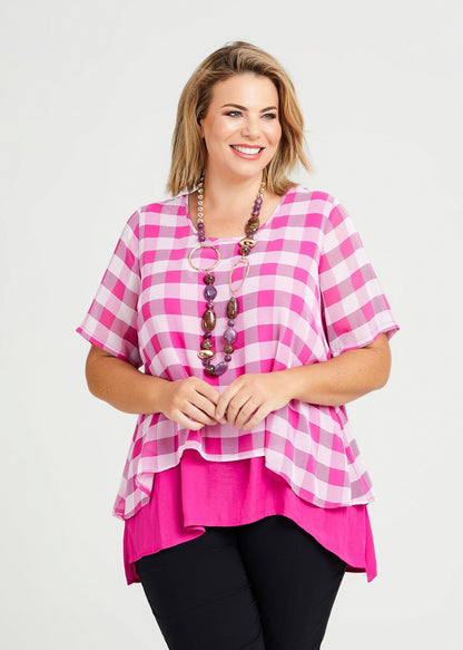 Taking Shape Pink & White Check Overlay Luxe Top Size 12 Plus BNWT RRP$169
