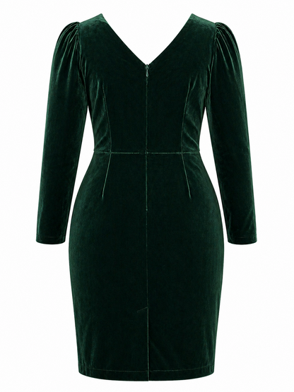 Vintage 80s Green Velvet Dress Size 14 PRINCIPLES Scalloped Neck Basque Waist