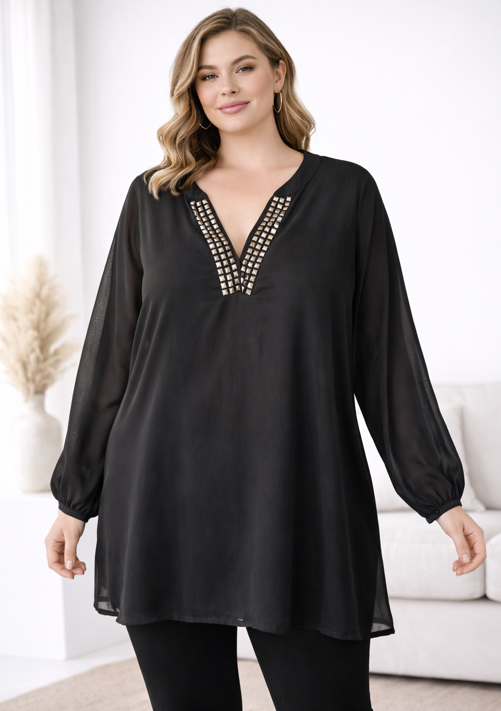 My Size Beaded Front Top Plus Size XL 22-24  Black long Sleeve Top New RRP $100