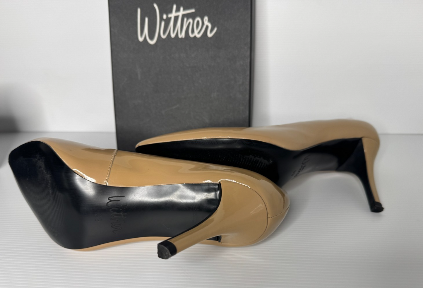 Wittner Minka Stiletto Taupe Patent 39 (AU8.5) as new perfect condition RRP $180