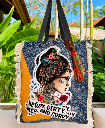 ⭐ Upcycled Denim Tote Bag -Nerdy Dirty Inked & Curvy – Handmade Eco-Friendly NEW