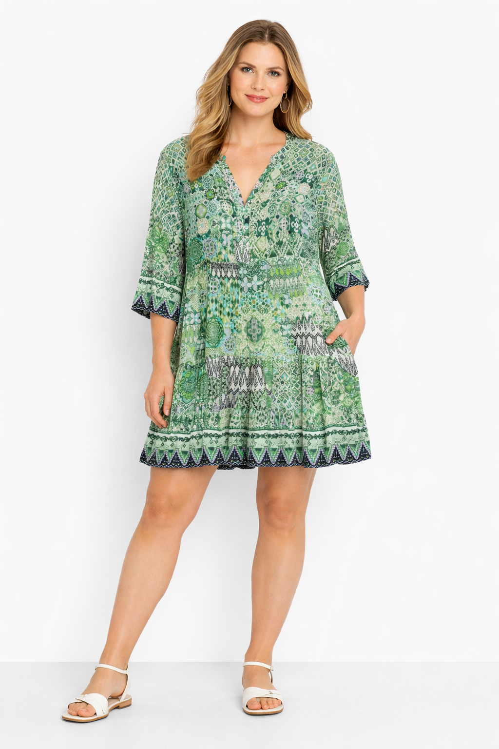 Taking Shape Sparkle Tile Tunic Dress Plus Size 12 Green Viscose Tiered Boho