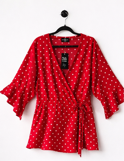 City Chic Fresh Spot Top M 18 Red Polka Dot Peplum Wrap Top Plus Size BNWT