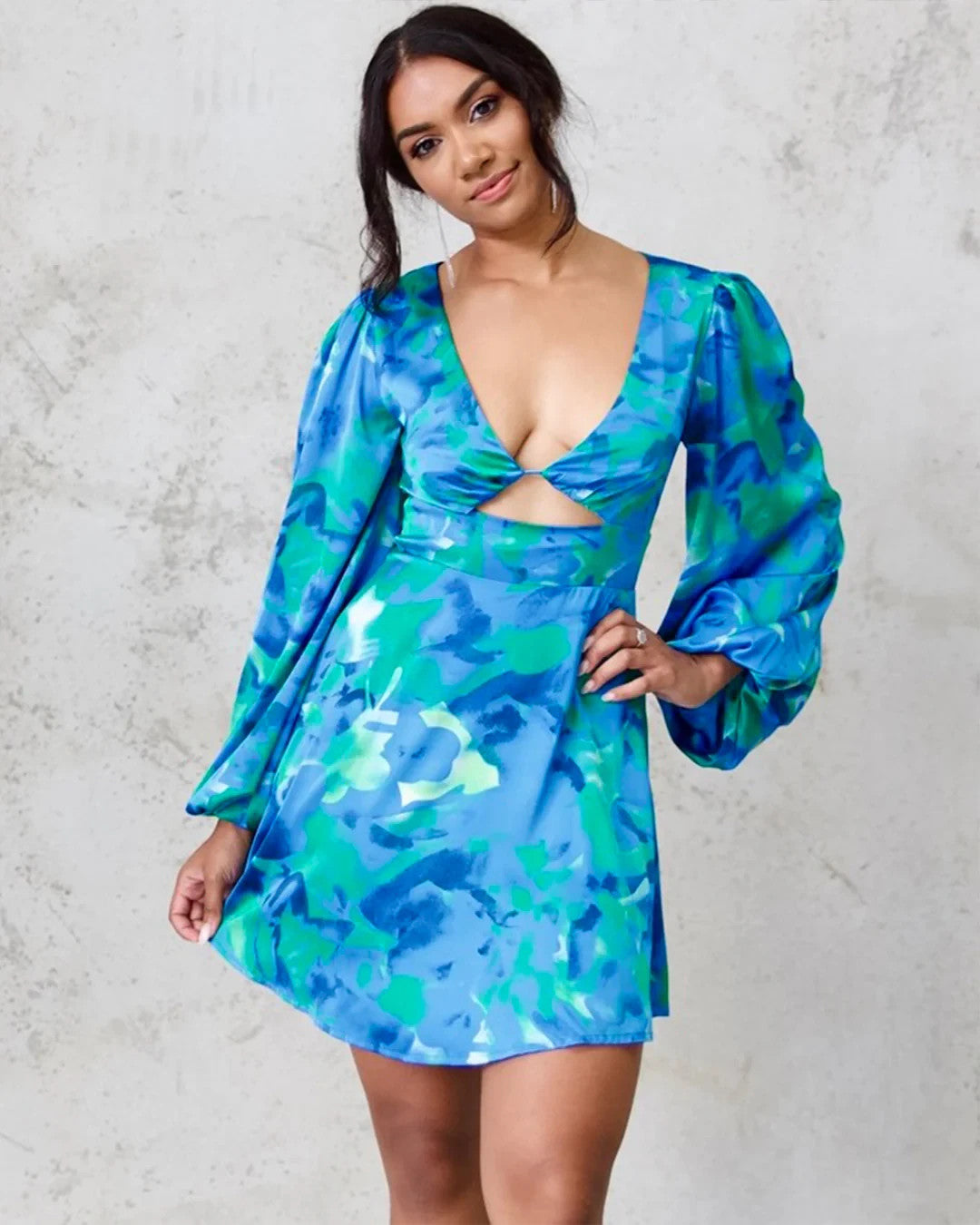Miss Runway Kora Satin Mini Dress - Green/Blue Print - Size 20  New RRP $120