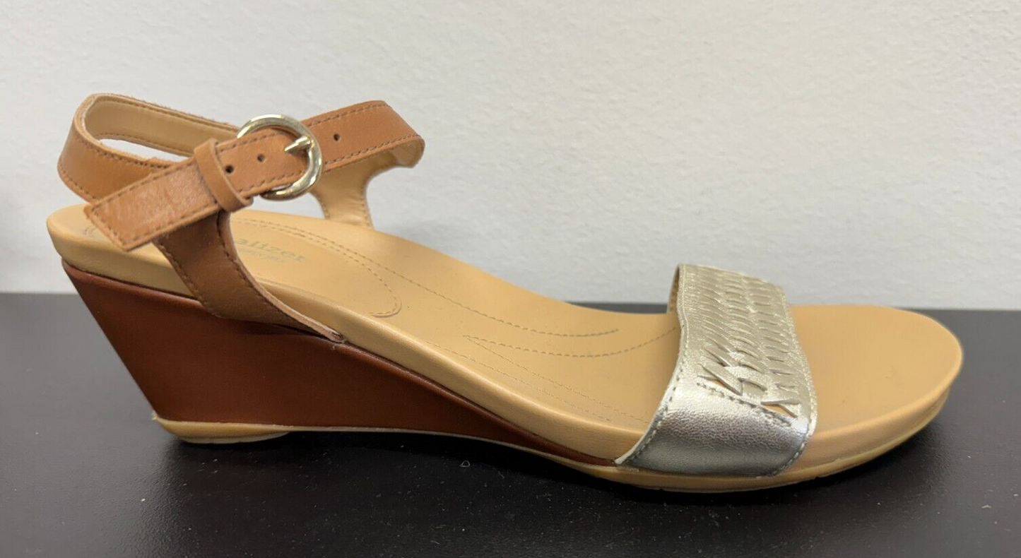 Women's Naturalizer Gold & Tan Leather Wedge Sandals size Au 10W/Eu40 NEW