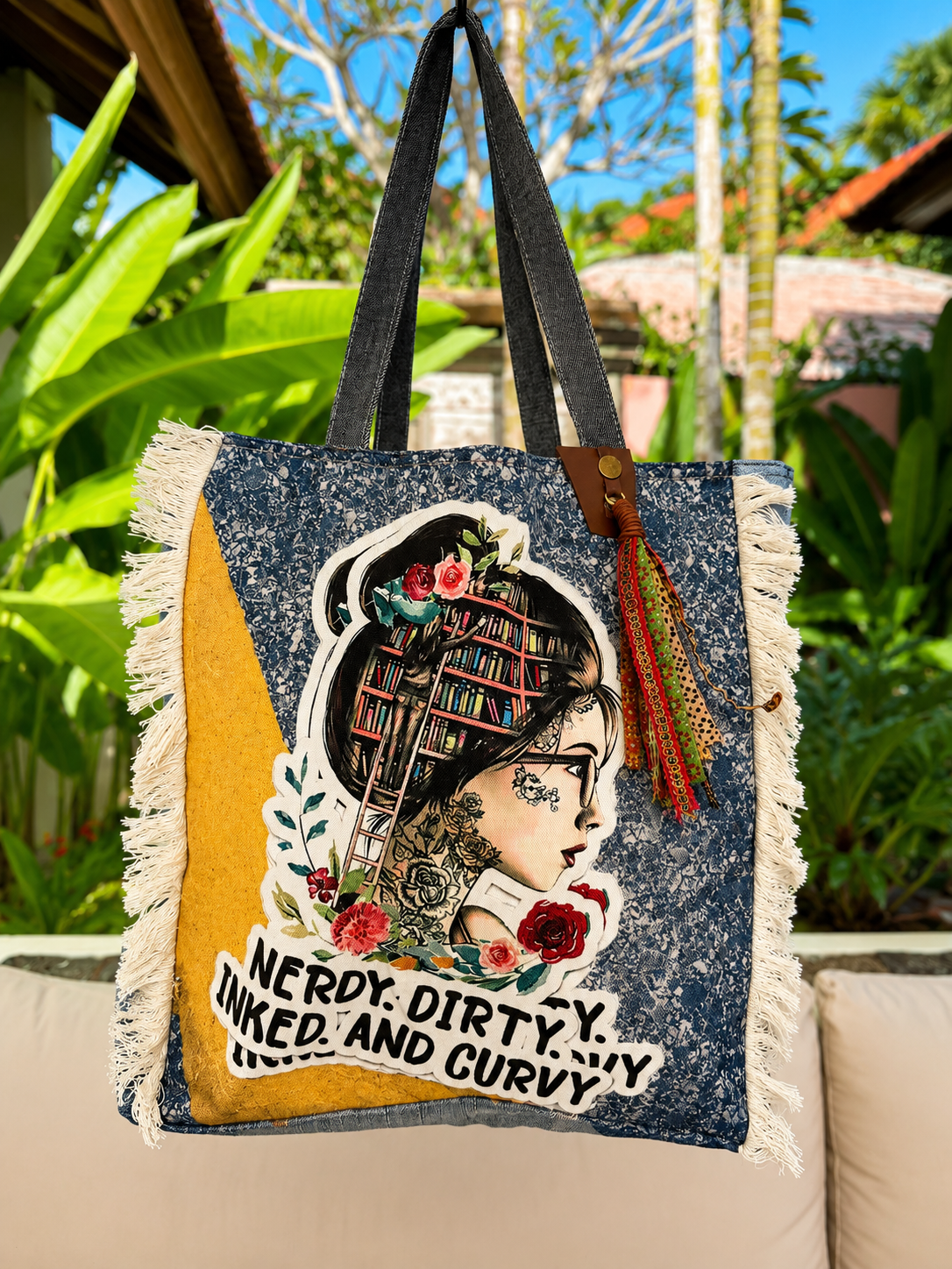 ⭐ Upcycled Denim Tote Bag -Nerdy Dirty Inked & Curvy – Handmade Eco-Friendly NEW