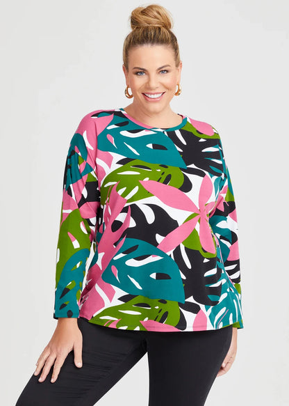Taking Shape Cotton Graphic Palm Long Sleeve Cotton  Top Plus Size 14 RRP $99