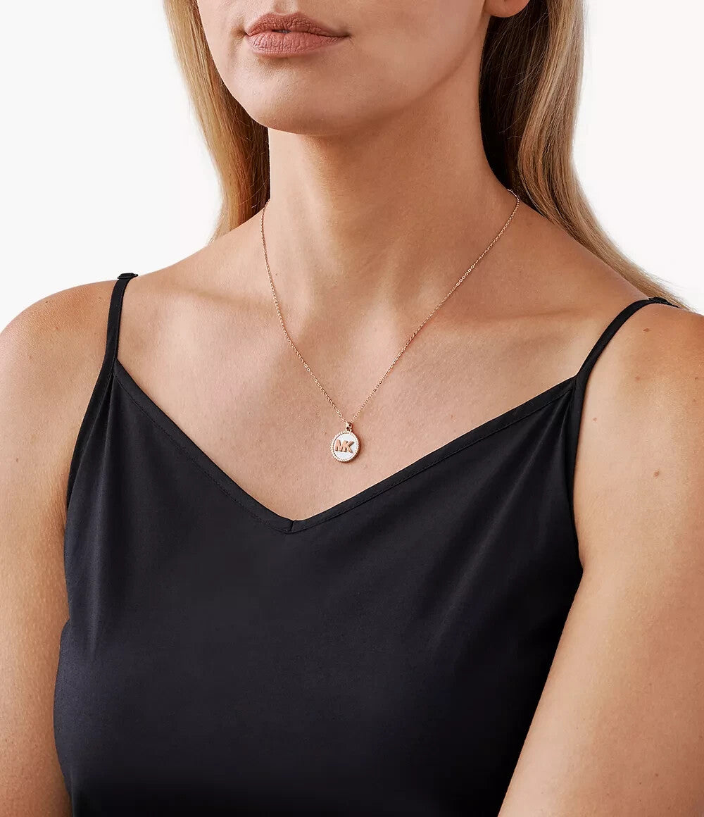 Michael Kors MK Pavé and Mother-of-Pearl Rose Gold Pendant Necklace New RRP $325