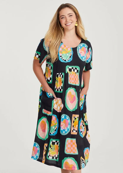TAKING SHAPE Natural Pocket Midi Dress in Fruit Print Size 24 RRP$ 150