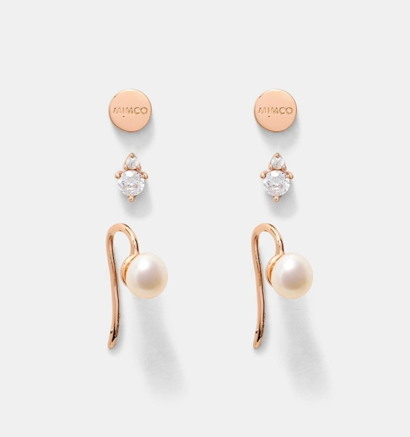 MIMCO Fond Earring Set RoseGold 14K Plated CZ Pearl 3 Pack NEW Dust Bag RRP $150