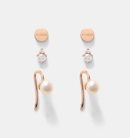MIMCO Fond Earring Set RoseGold 14K Plated CZ Pearl 3 Pack NEW Dust Bag RRP $150