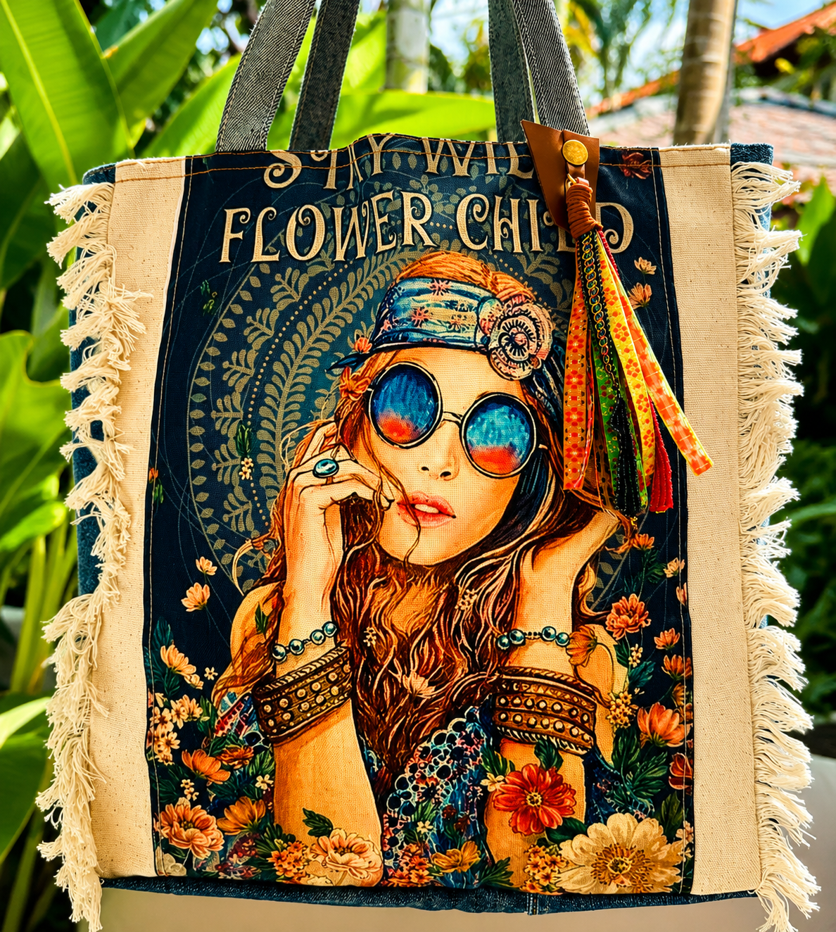 ⭐ Boho Retro “Flower Child” Upcycled Denim Tote Bag – Handmade Eco-Friendly -NEW