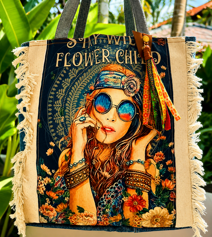 ⭐ Boho Retro “Flower Child” Upcycled Denim Tote Bag – Handmade Eco-Friendly -NEW