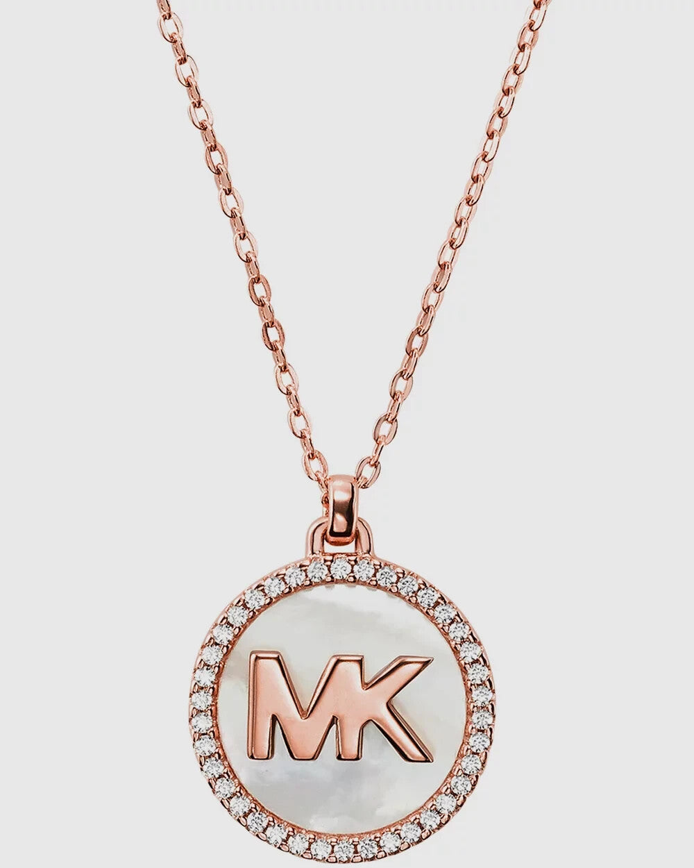 Michael Kors MK Pavé and Mother-of-Pearl Rose Gold Pendant Necklace New RRP $325