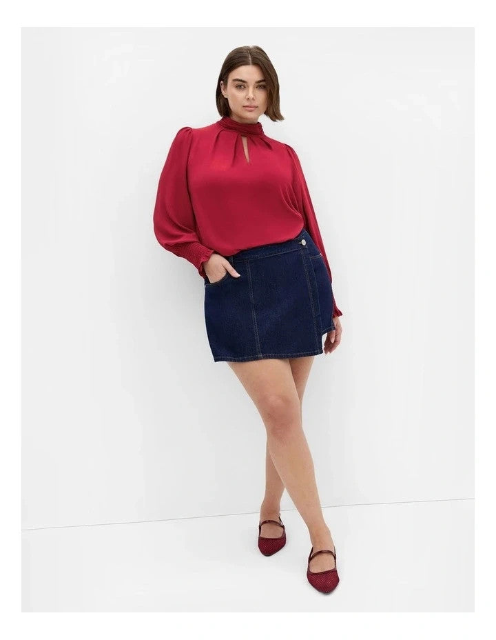 City Chic Iris High Neck Long Sleeve Top Ruby Red XXL Plus size 24 New RRP $90