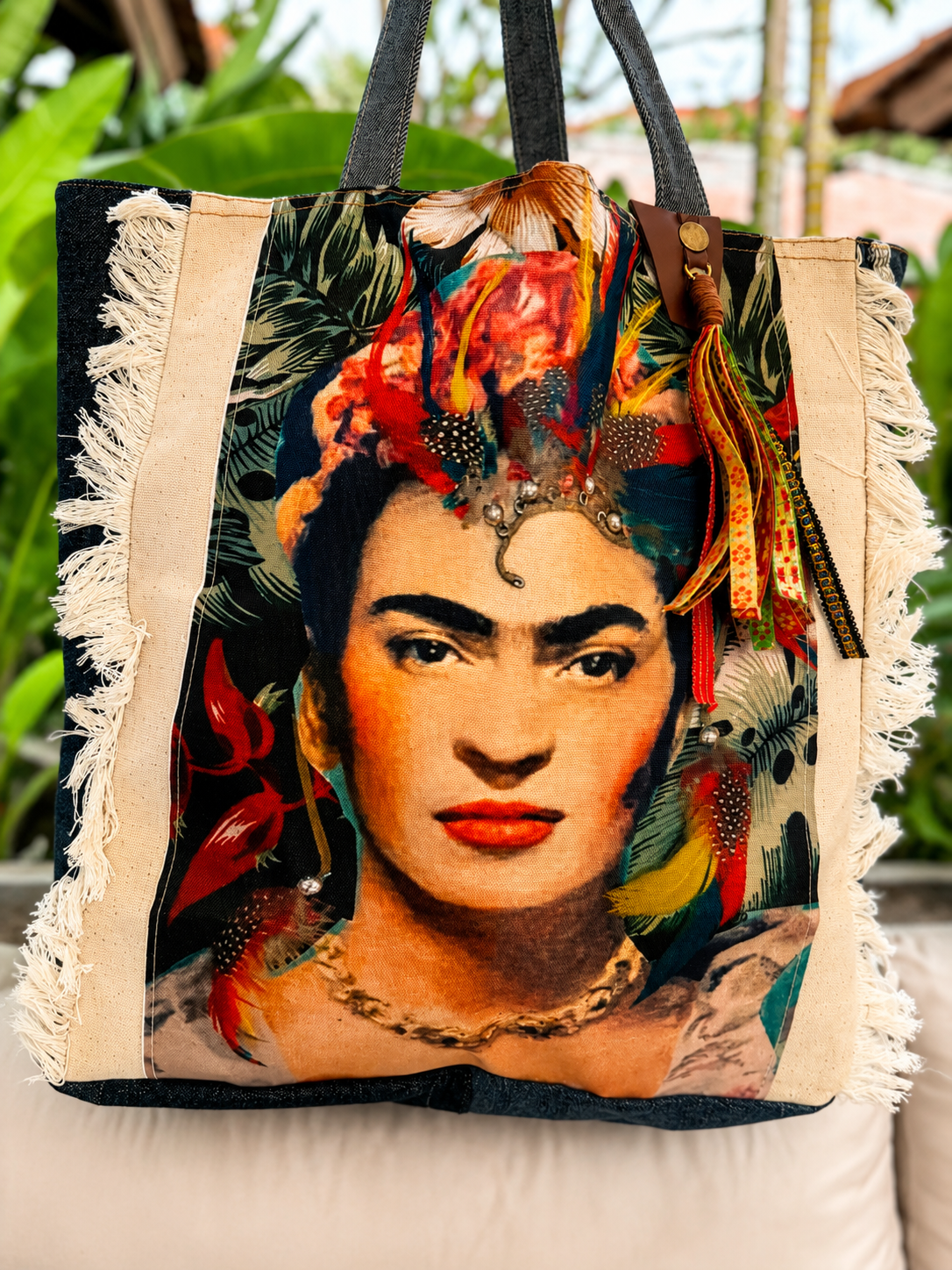 ⭐ Frida Kahlo “Frida Luxe” Upcycled Denim Tote Bag – Handmade Eco-Friendly NEW