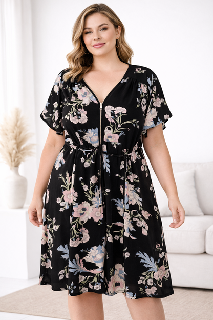 ✨ City Chic Zip Front Dress – Plus Size S 16 Black Floral | Belted | Pockets ✨