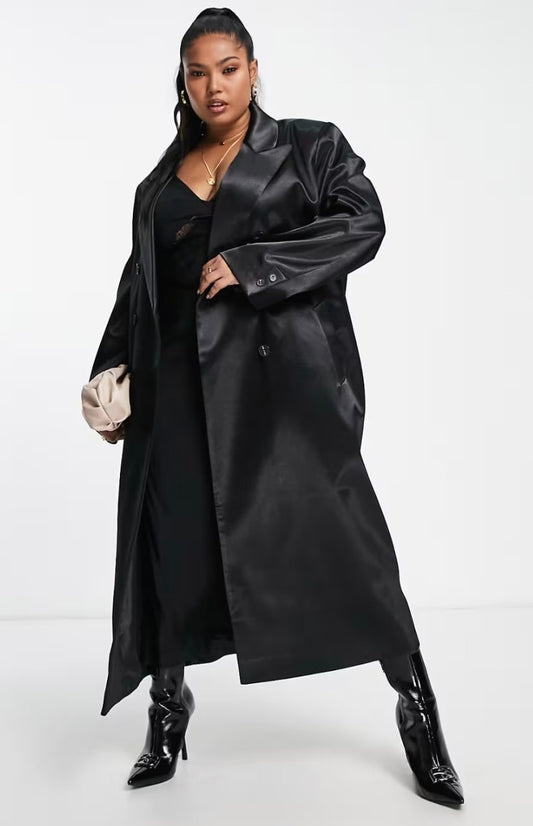 ASOS DESIGN Black Satin Coat Size 18 AU Longline Fully Lined Luxe Evening Jacket