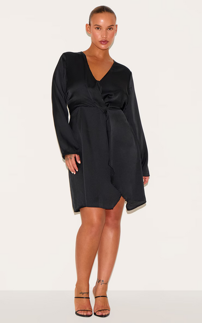 Pretty Little Thing Black Satin Long Sleeve Wrap Dress Plus Size 24 NEW RRP $100
