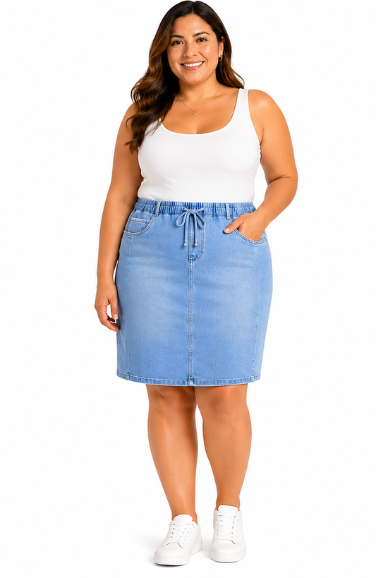 BeMe Denim Skirt Size 26 Mid Wash Tie Waist Pull on Stretch New with Tags RRP$80