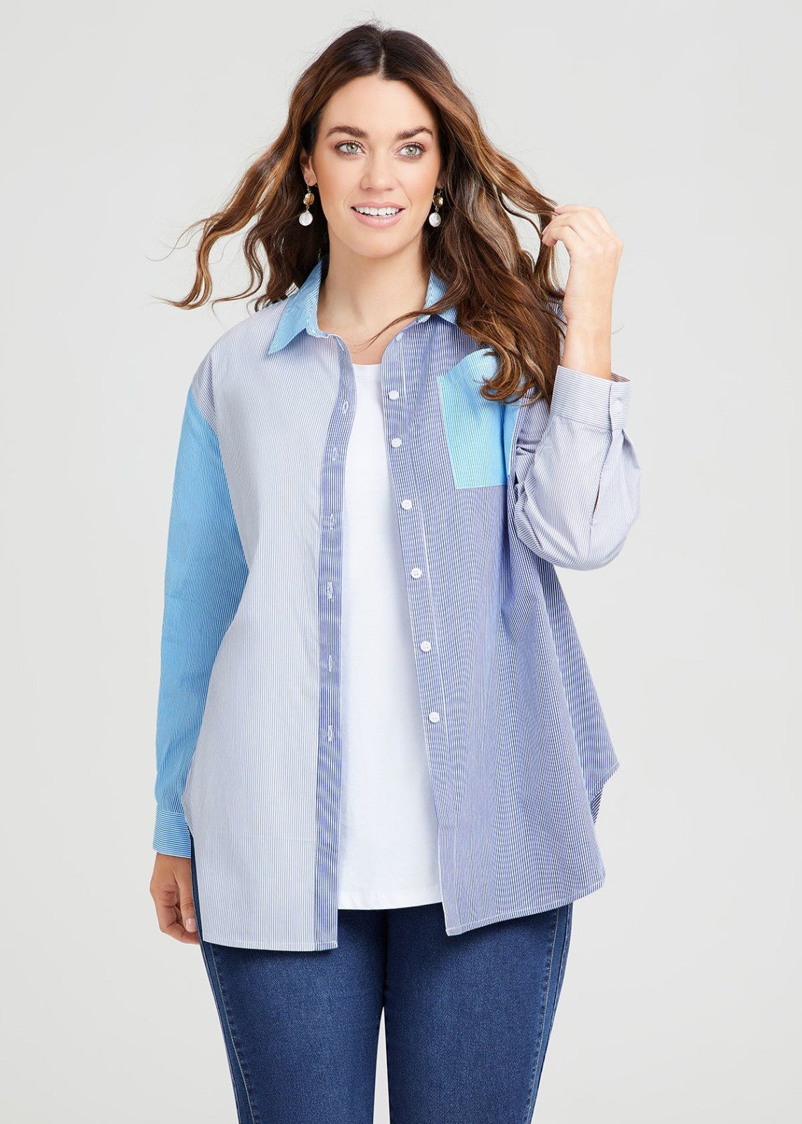 Taking Shape Cotton Stripe Boyfriend Shirt Plus Size 16 Blue Colour Block Button