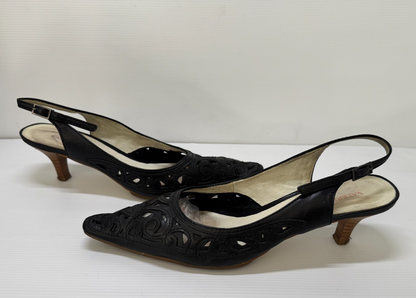 Valeria Grossi Black Leather Slingback Heels  EU39  AU  8 Cutout Design 5cm Heel