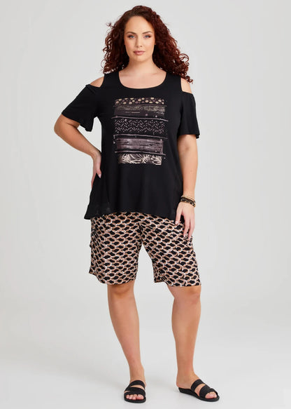 Taking Shape Cold Shoulder Bamboo Foil Top in Black/Bronze Size 24 -RRP $120 NEW
