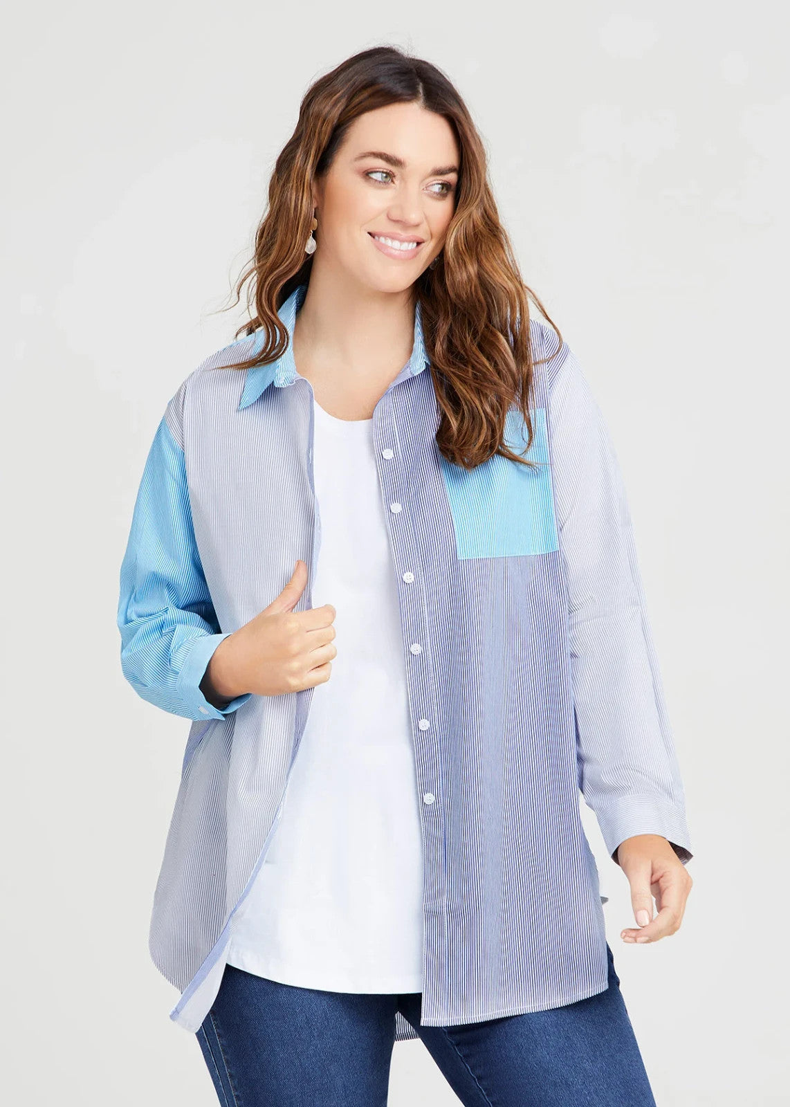 Taking Shape Cotton Stripe Boyfriend Shirt Plus Size 16 Blue Colour Block Button
