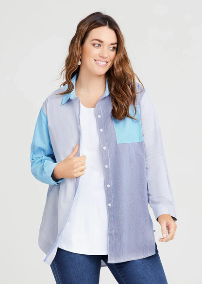 Taking Shape Cotton Stripe Boyfriend Shirt Plus Size 16 Blue Colour Block Button