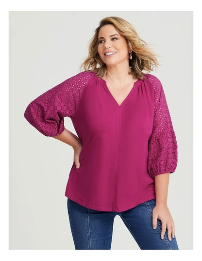 Taking Shape Cotton Broderie Notch Top Pomegranate Plus Size 14 NEW RRP $110