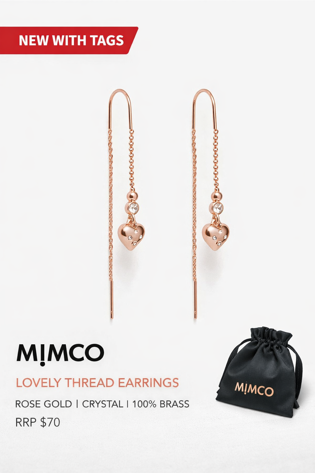 MIMCO Thread Heart Earrings 🖤 Rose Gold 🖤 New with Tags and Dust Bag RRP $70