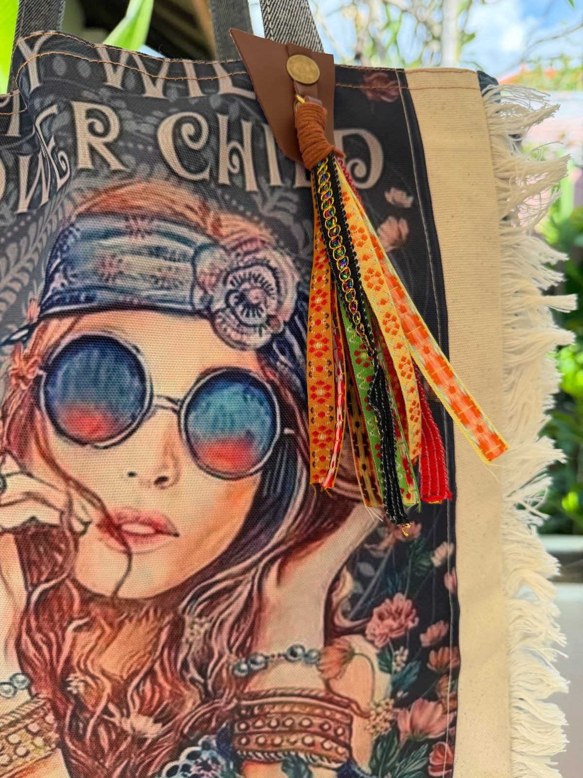 ⭐ Boho Retro “Flower Child” Upcycled Denim Tote Bag – Handmade Eco-Friendly -NEW
