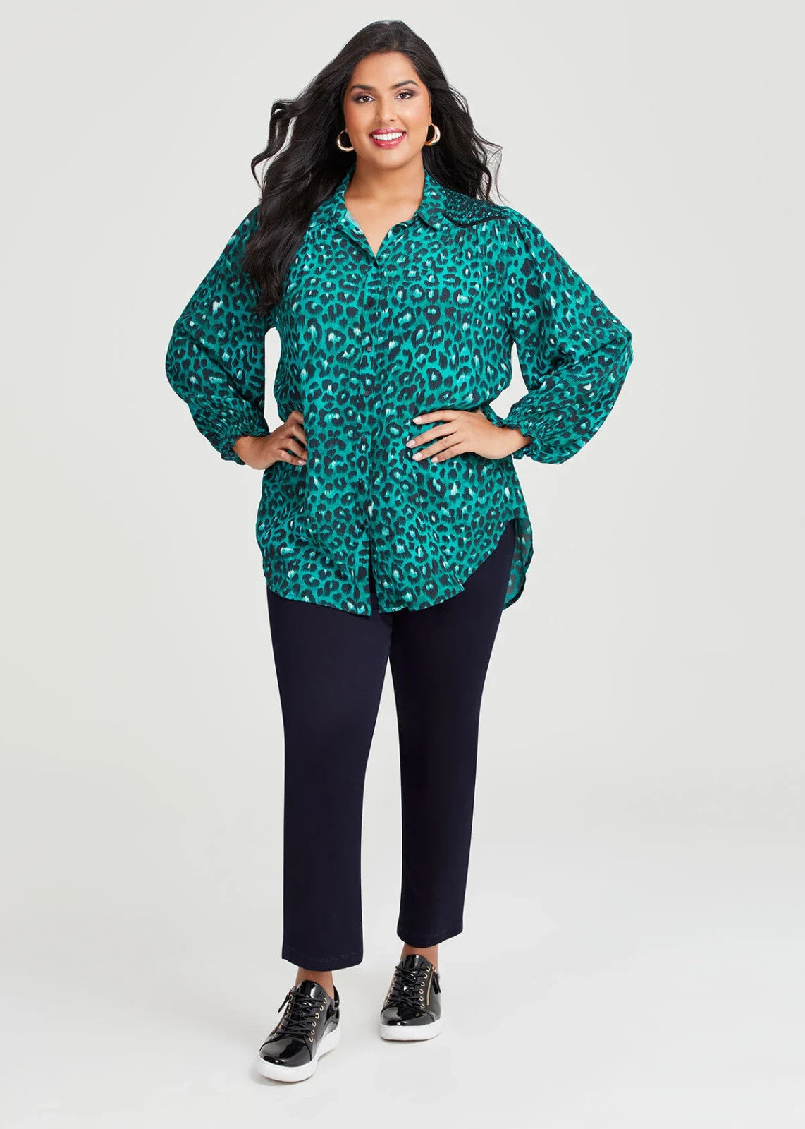 Taking Shape Natural Leopard Print Shirt Plus Size 14 Green/Black RRP $150 New