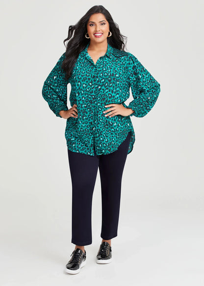Taking Shape Natural Leopard Print Shirt Plus Size 14 Green/Black RRP $150 New