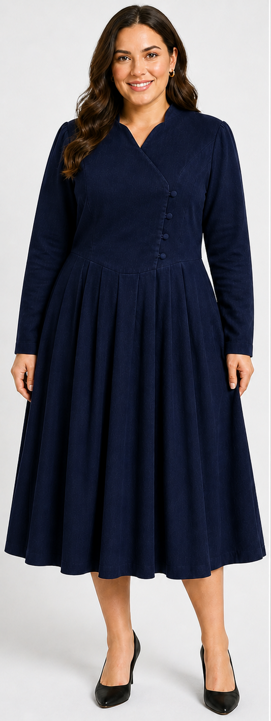Vintage Laura Ashley Corduroy Dress Size 14 Navy Midi Long Sleeve Cotton Classic