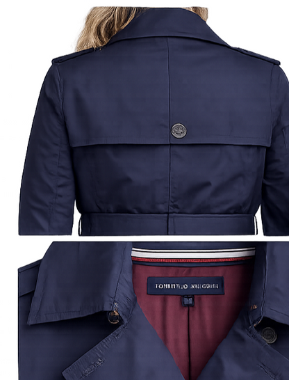 Tommy Hilfiger Navy Trench Coat Ladies XL Classic Double Breasted Belted Coat