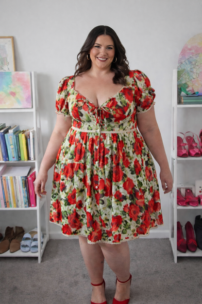 City Chic Avie Dress Floral Rose Print Puff Sleeve Dress Plus Size L 20 as New