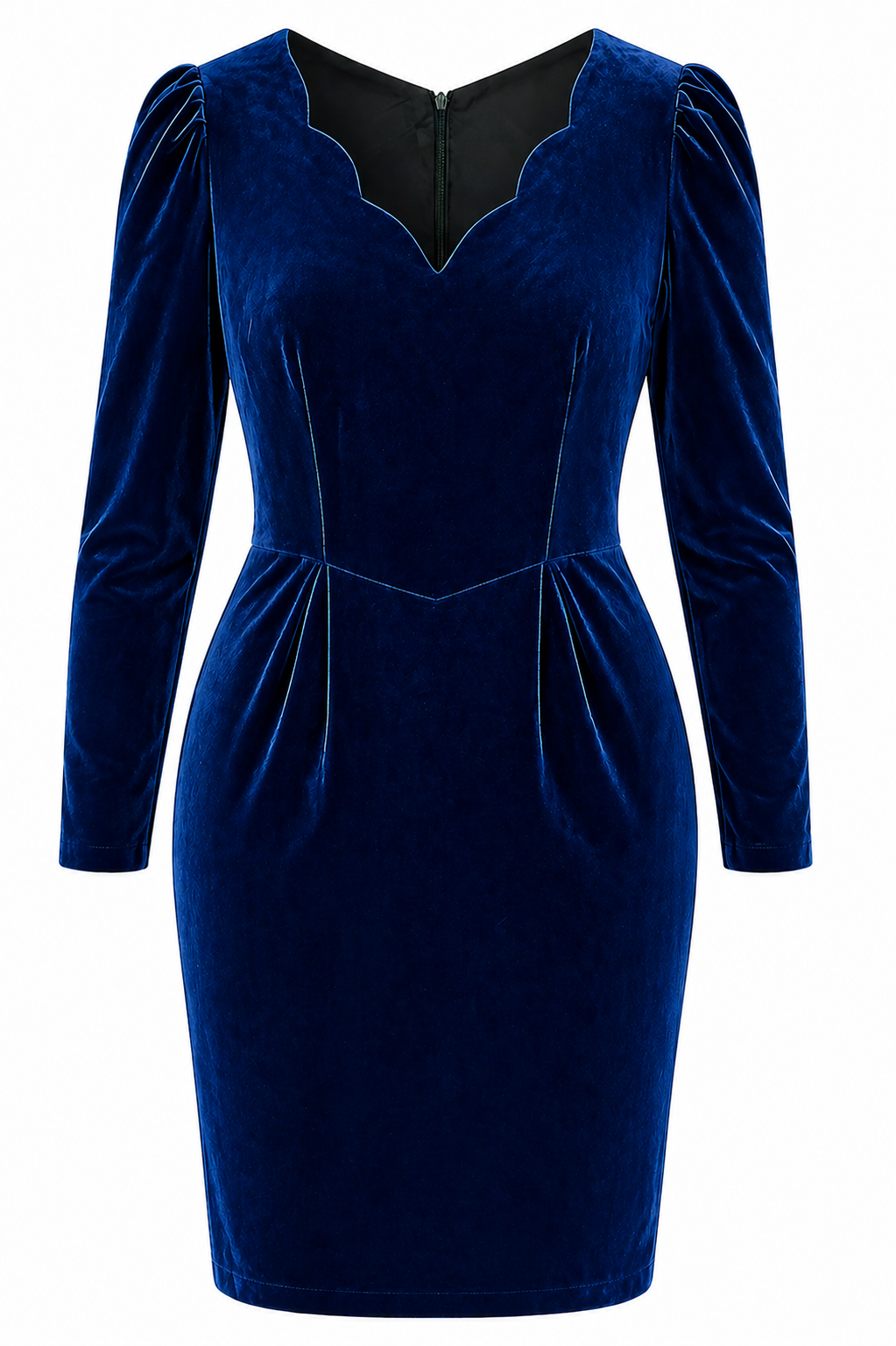 Vintage 80s Navy Blue Velvet Dress Sze 16 PRINCIPLES Scalloped Neck Basque Waist