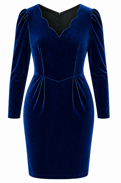 Vintage 80s Navy Blue Velvet Dress Sze 16 PRINCIPLES Scalloped Neck Basque Waist