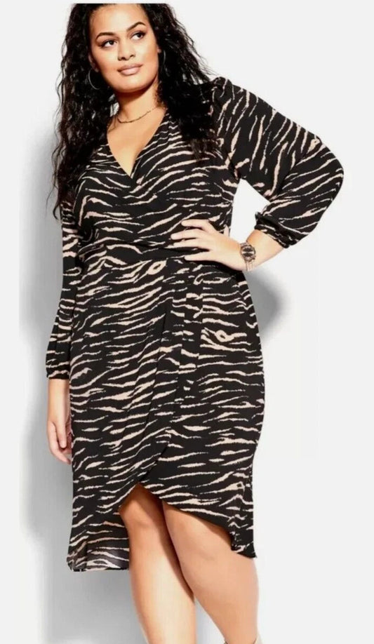 City Chic ✨  Faux Wrap Animal Print Dress ✨  – Brown/Black Size XXL 24 RRP $149