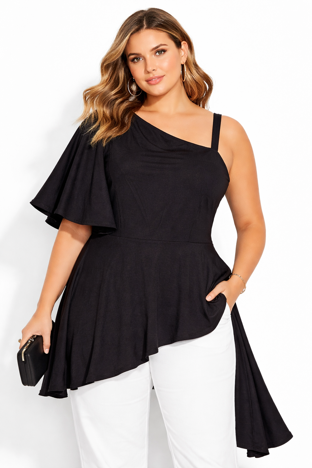 City Chic Black One Shoulder Top  Asymmetrical Peplum Flowy Sleeve Plus Size 24