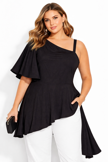 City Chic Black One Shoulder Top  Asymmetrical Peplum Flowy Sleeve Plus Size 24