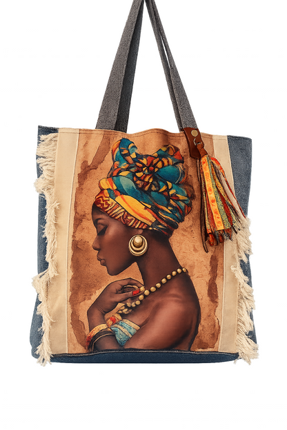 ⭐ Upcycled Denim Tote Bag “Tribal Beauty” – Handmade Eco-Friendly -NEW