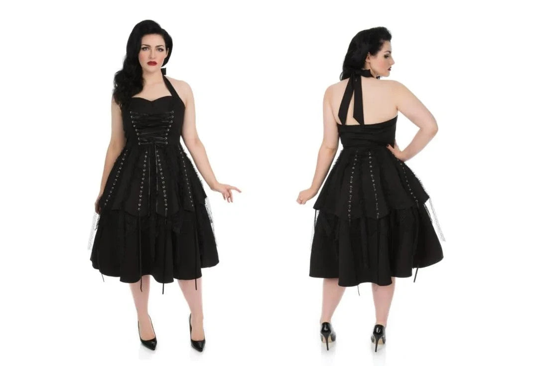 Hearts & Roses London Black Gothic Tiered Halter Dress 14 As New