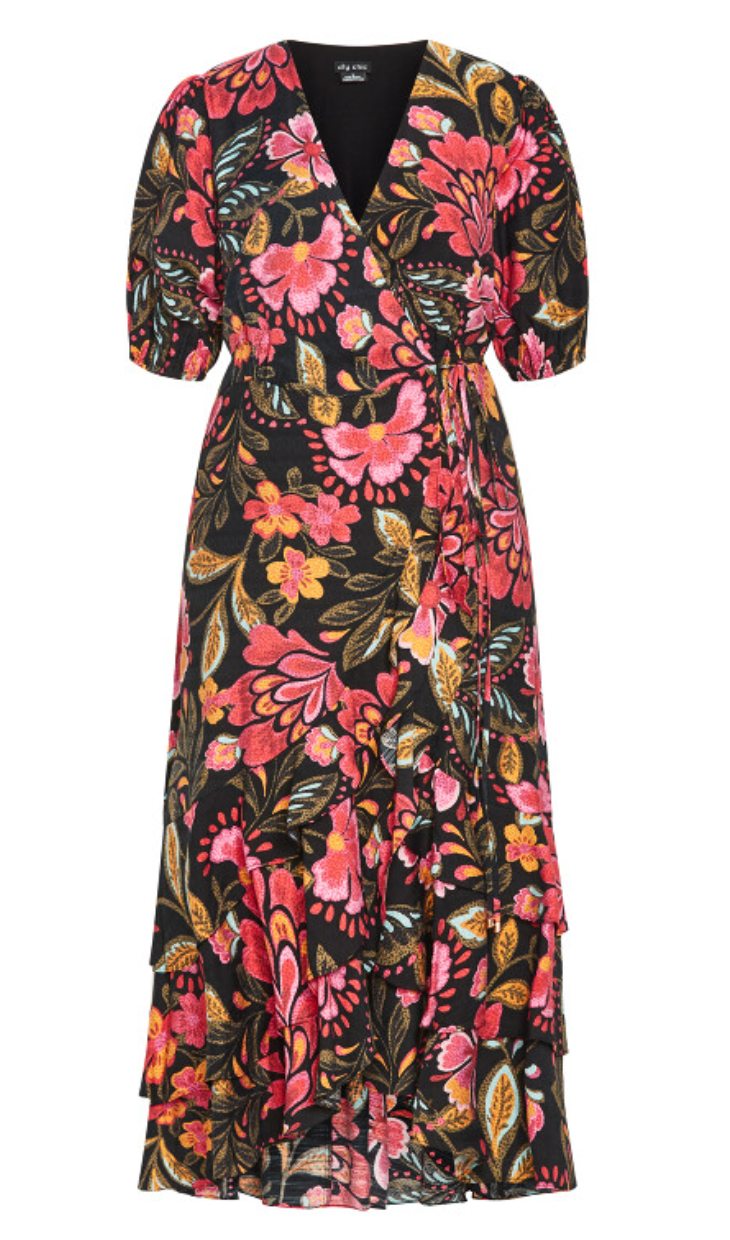 City Chic Bea Print Wrap Maxi Dress - Black/Red/Pink Plus ❤️ Size 18 ❤️ RRP $150