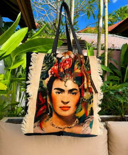 ⭐ Frida Kahlo “Frida Luxe” Upcycled Denim Tote Bag – Handmade Eco-Friendly NEW
